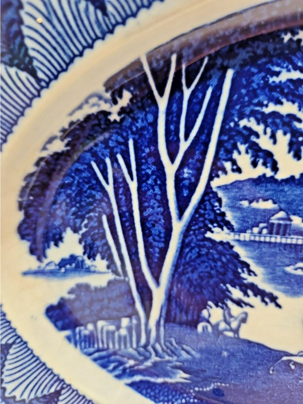 Antique Blue Transferware Oval Platter Made in Japan 9”X12” Republic Scene - Picture 11 of 13